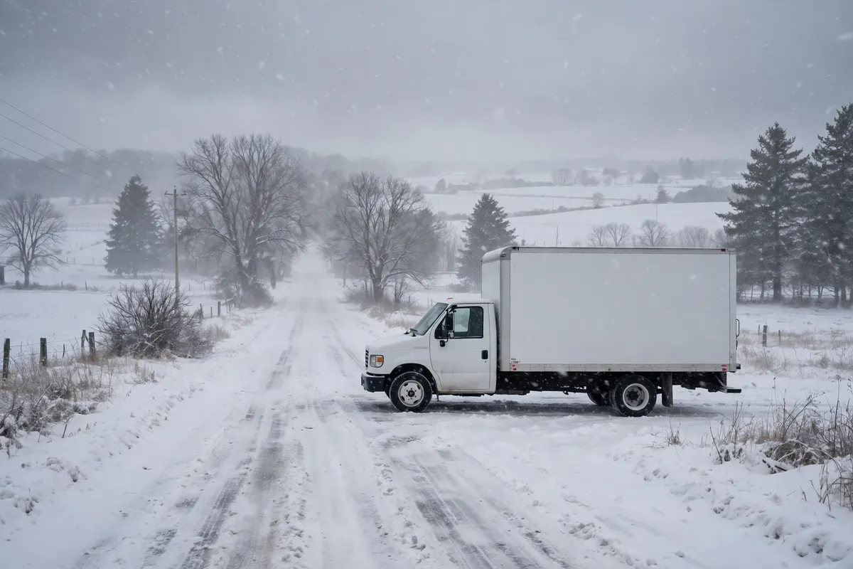 A plain delivery truck on a snowy rural Wisconsin road in a snowstorm