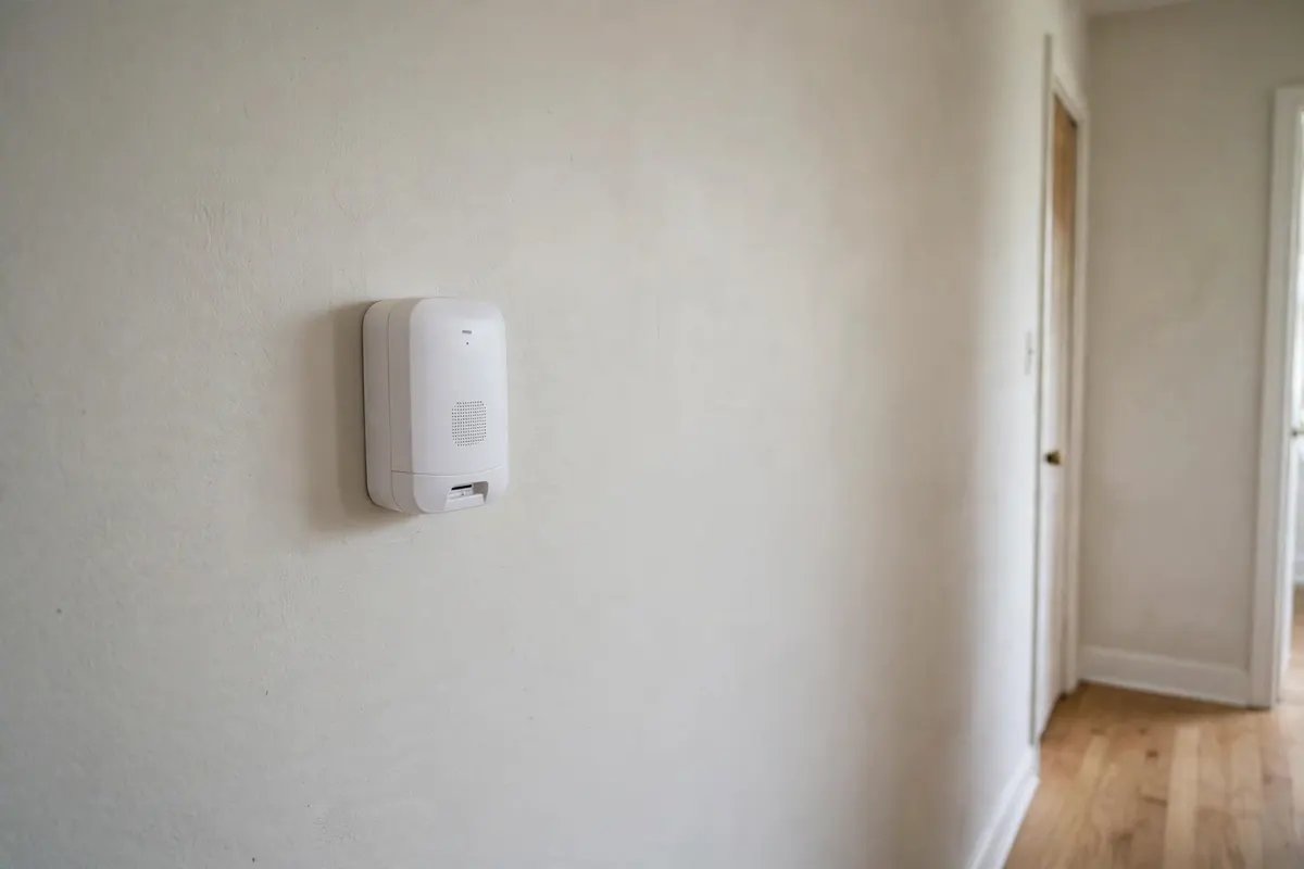 A small white wall alarm device in a hallway of a home