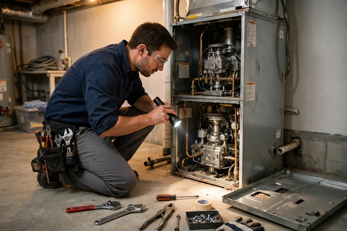 A technician inspecting an open gas furnace in a basement
