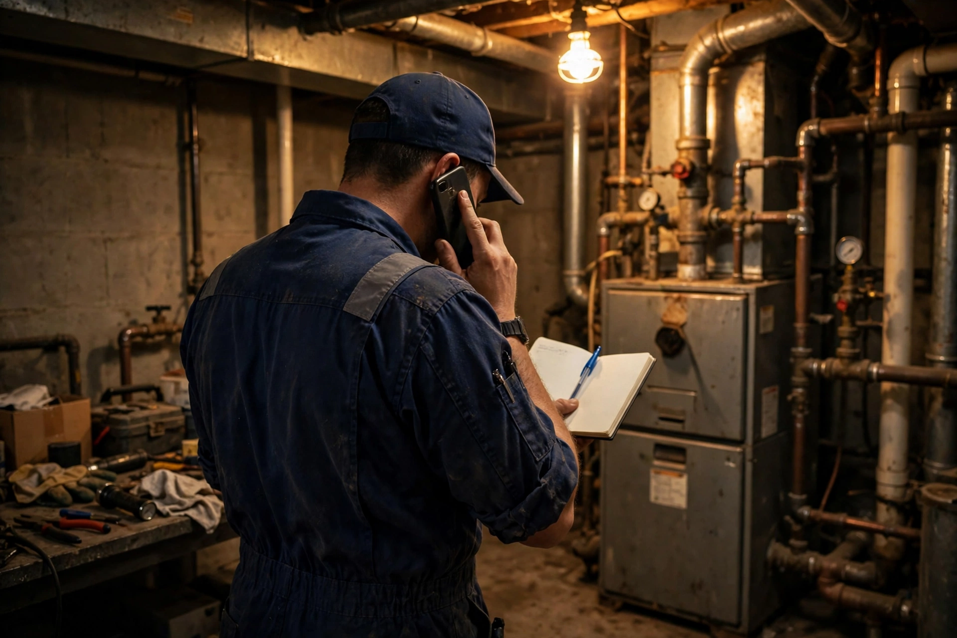 A technician on the phone beside a basement furnace, notebook in hand