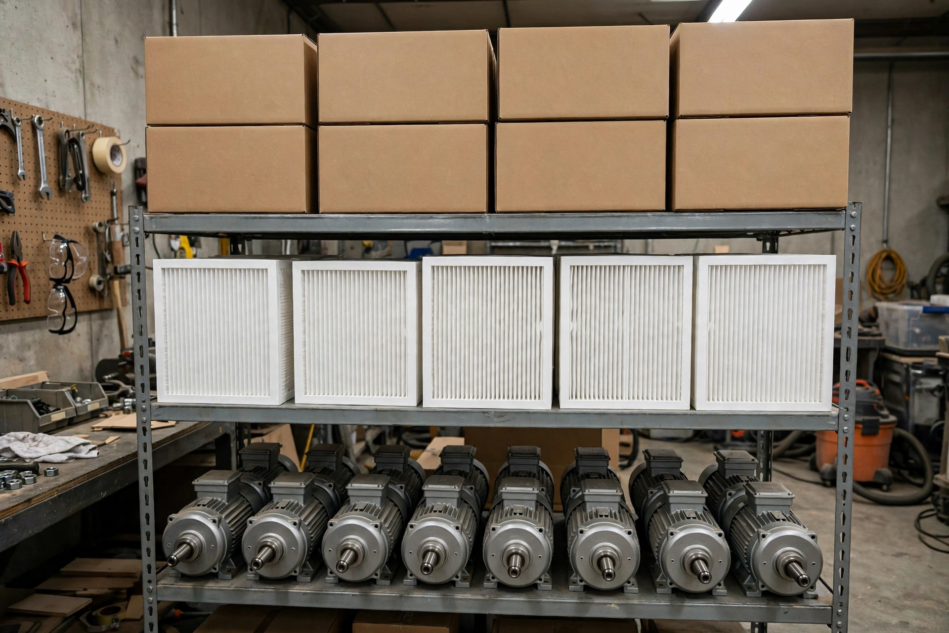 Workshop shelf stocked with plain boxes, blank furnace filters and unbranded motors