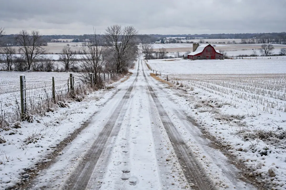 A Wisconsin country road in winter with farm fields and a red barn
