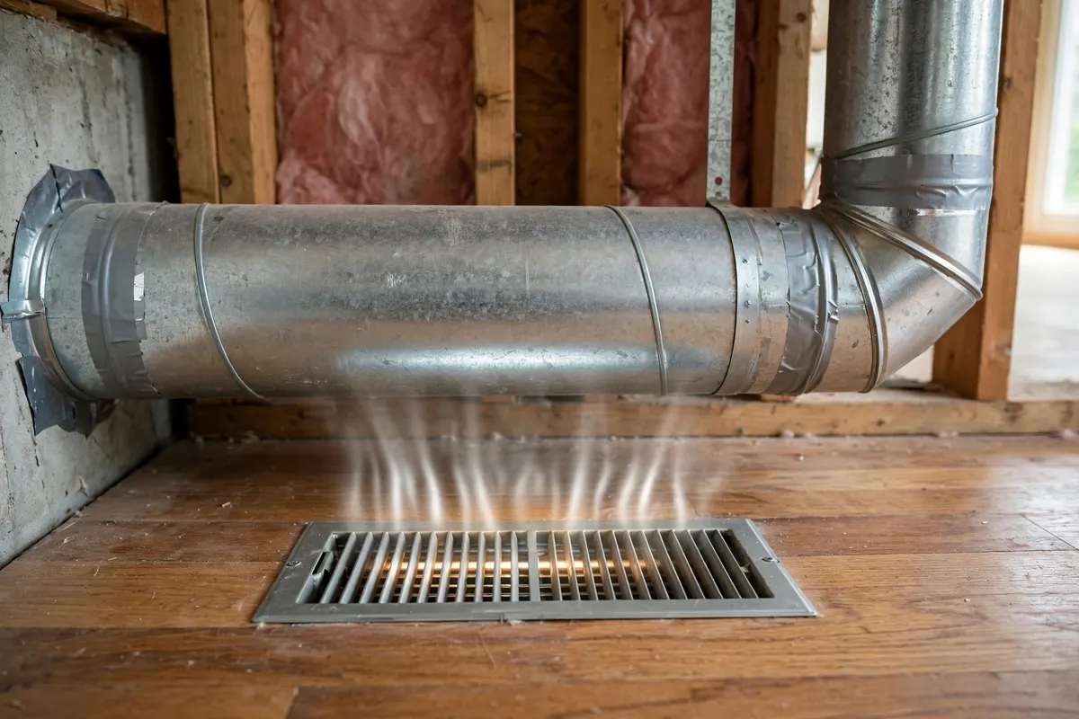 Metal ductwork above a floor vent with warm air rising