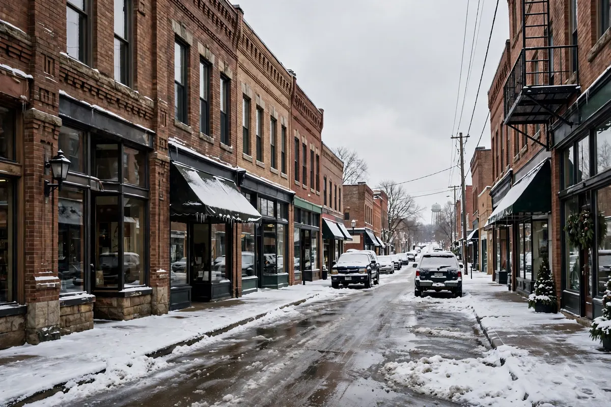 A small town main street in winter with brick storefronts