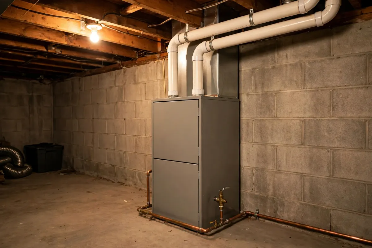 A gas furnace with white vent pipes in a basement