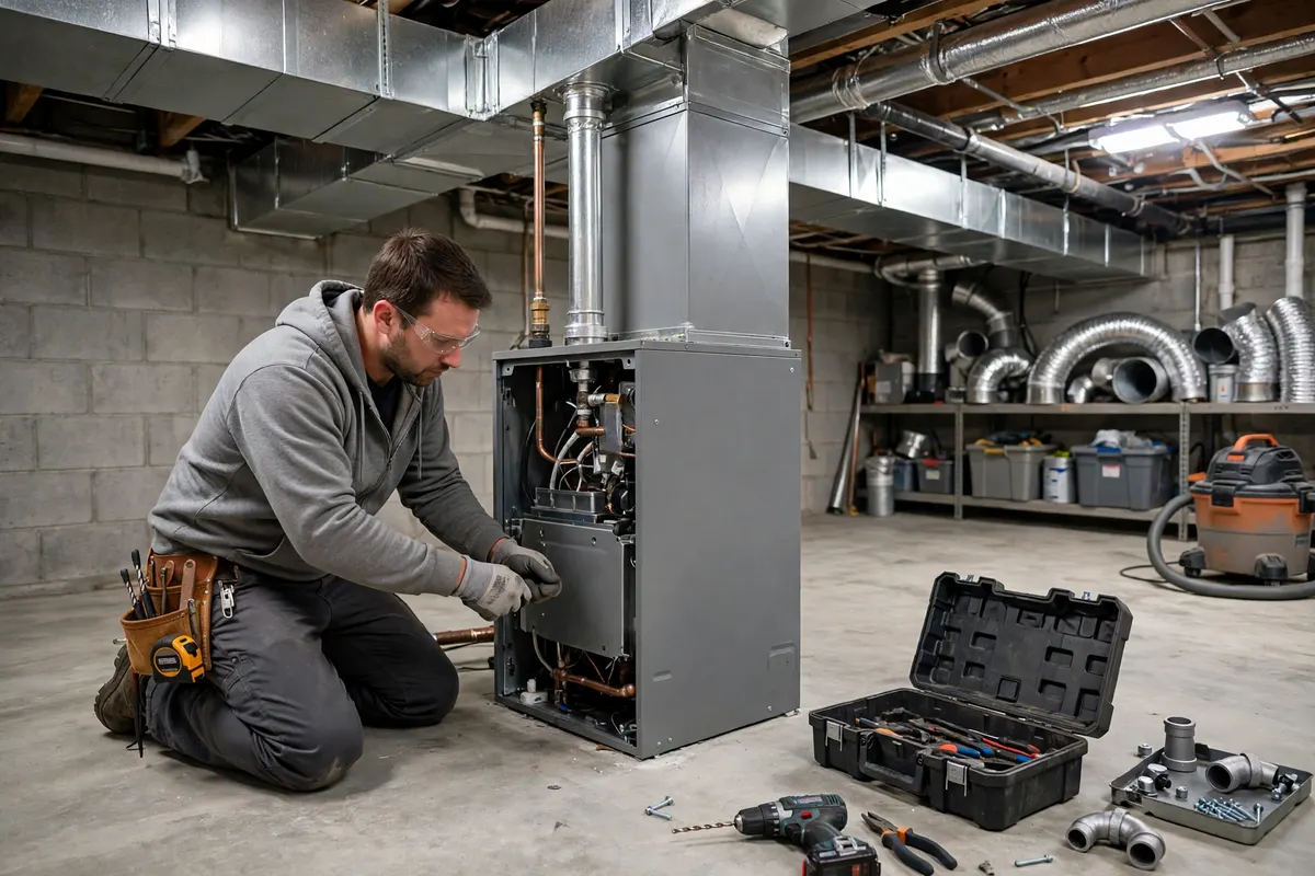 A technician installing a new furnace in a basement