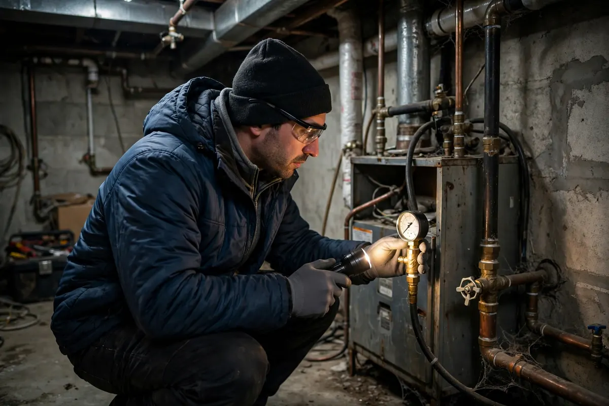 A technician checking a furnace with a gauge in a basement