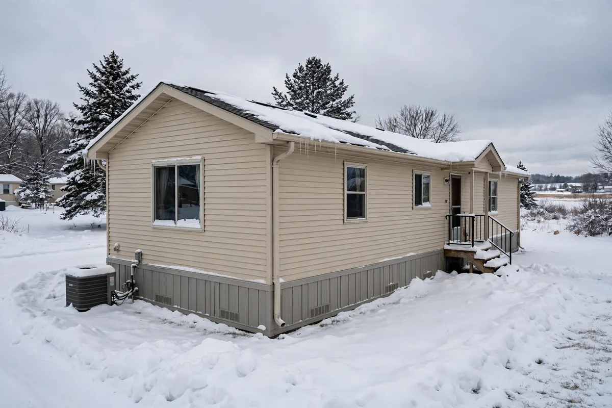 A manufactured home in winter snow