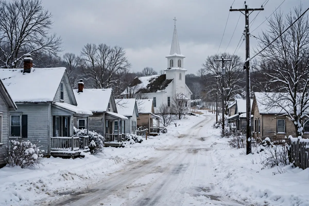 A small Wisconsin village street in winter with a church steeple