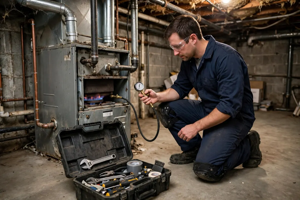 A technician testing an open gas furnace with a gauge in a Little Chute basement
