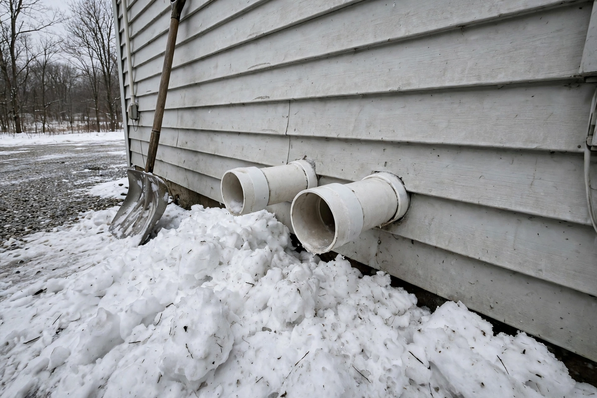 White PVC furnace vent pipes above a snowdrift beside a country house