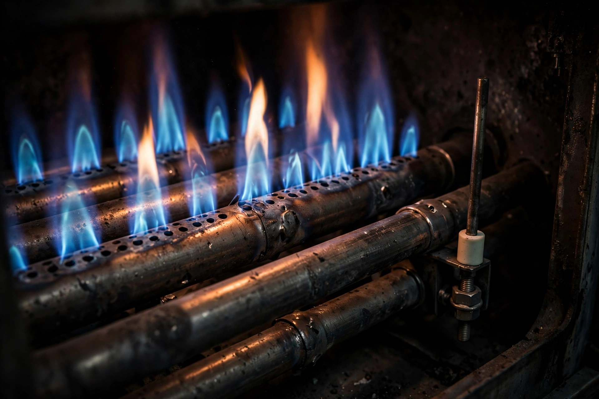 Blue gas burner flames over metal burner tubes with a flame sensor rod beside them