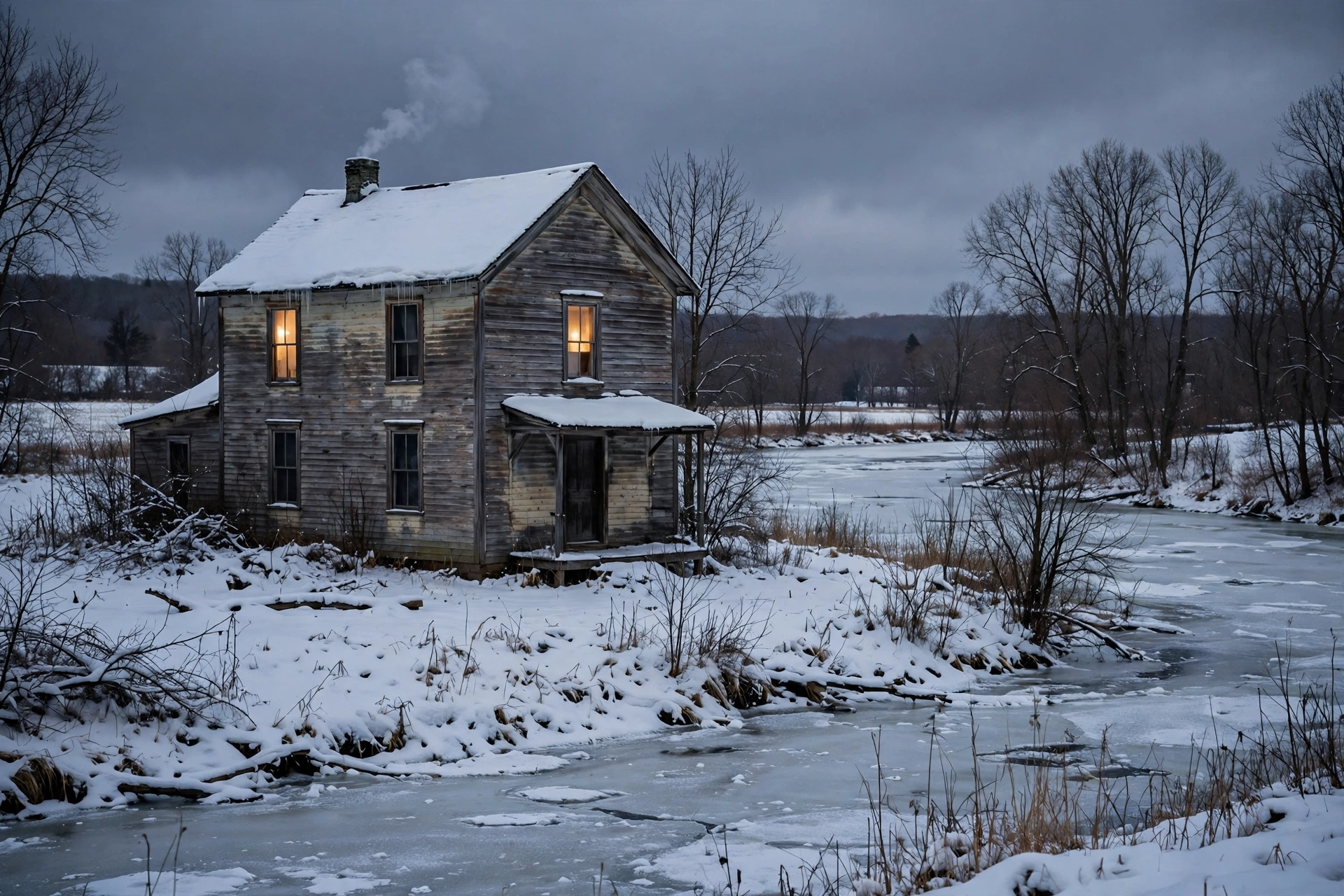 An older weathered house beside a frozen river at dusk with warm lights in the windows