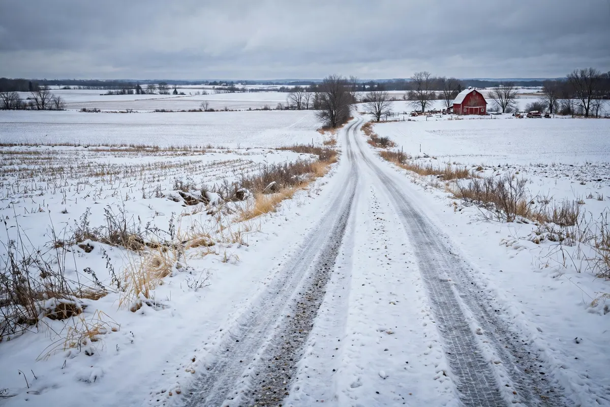 A Wisconsin farm road in winter with snow-covered fields