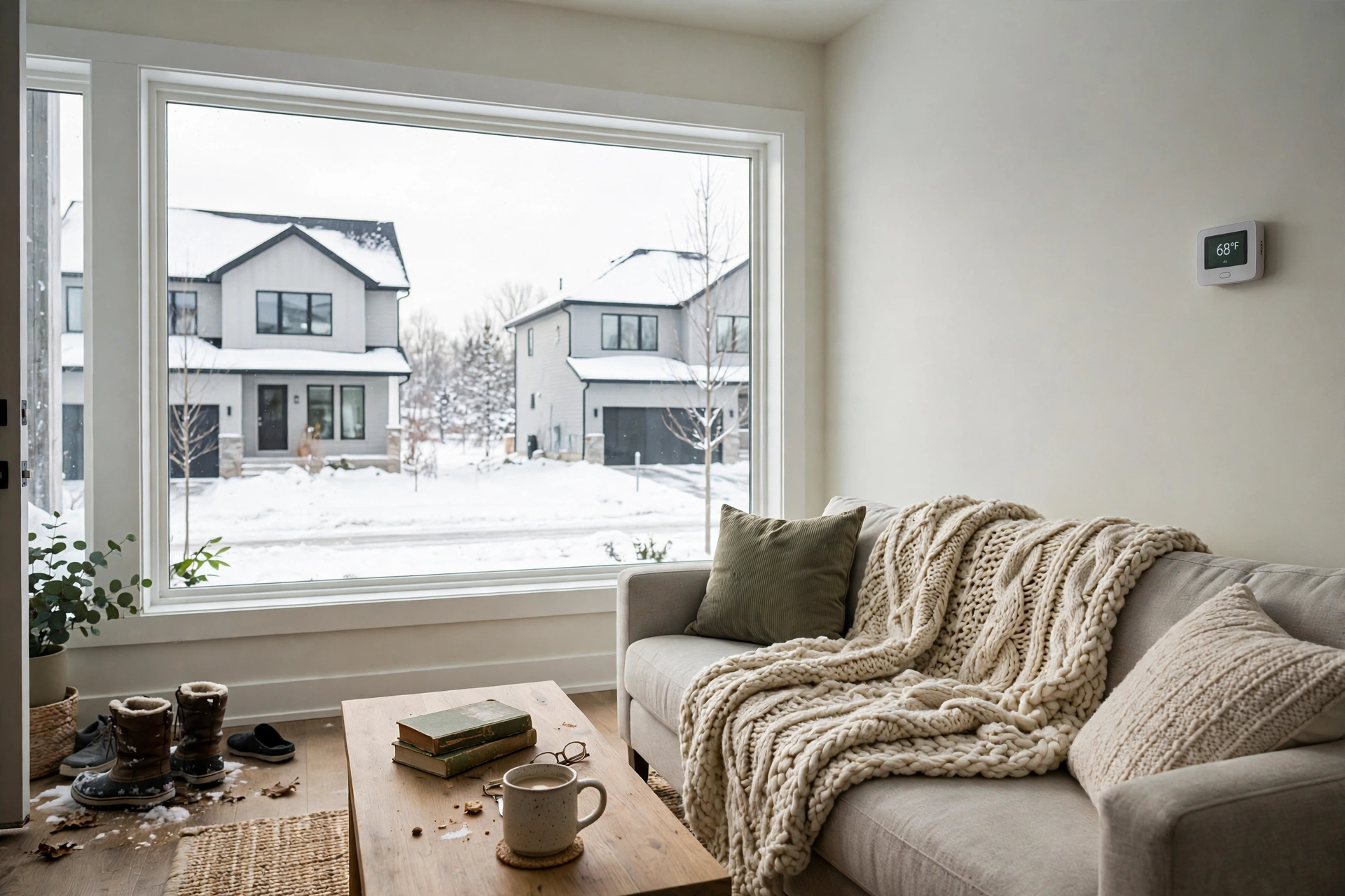 A bright newer living room with a wall thermostat showing the temperature and snow outside the window