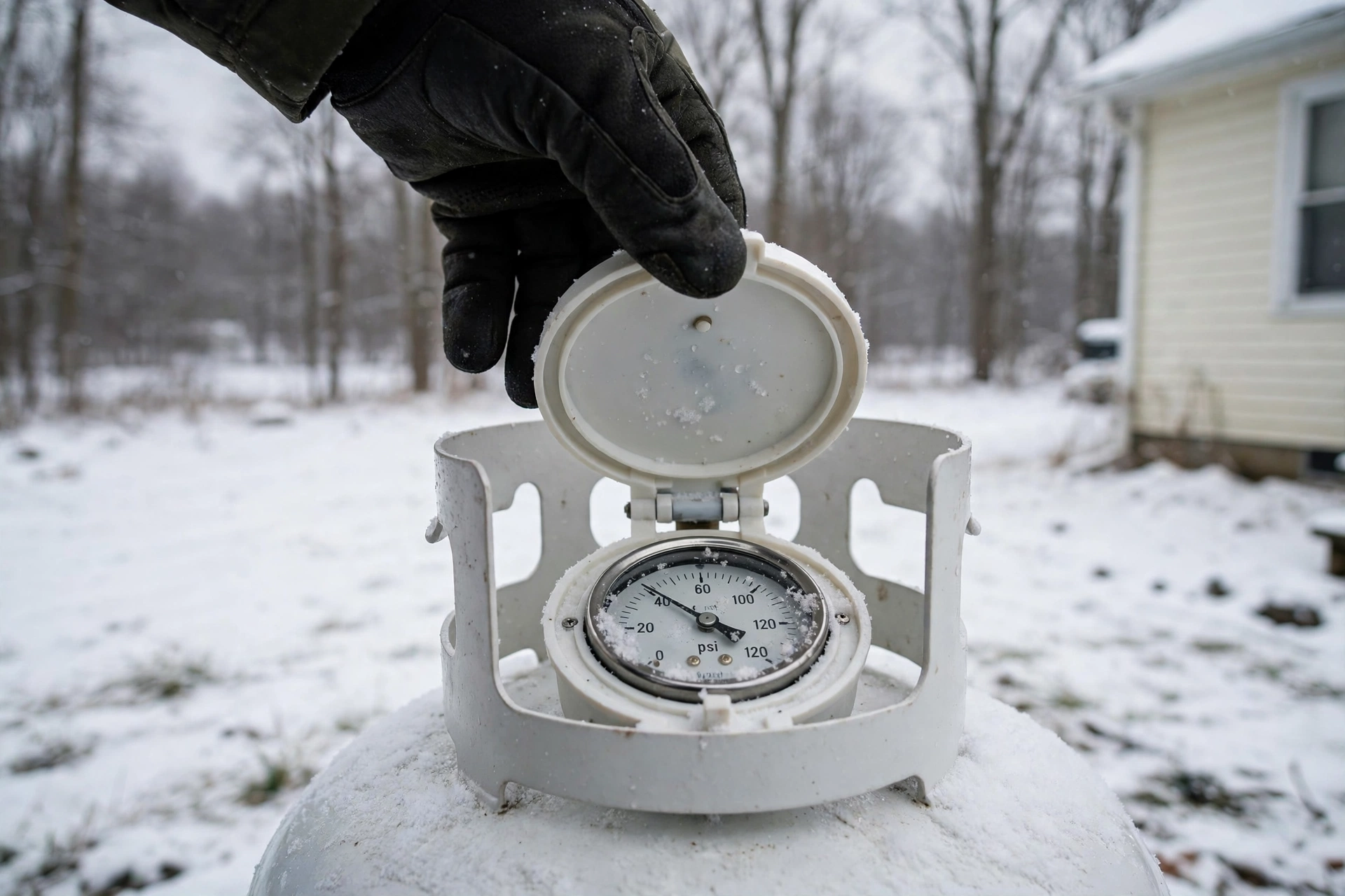 A gloved hand opening the gauge cover on a white propane tank in snow