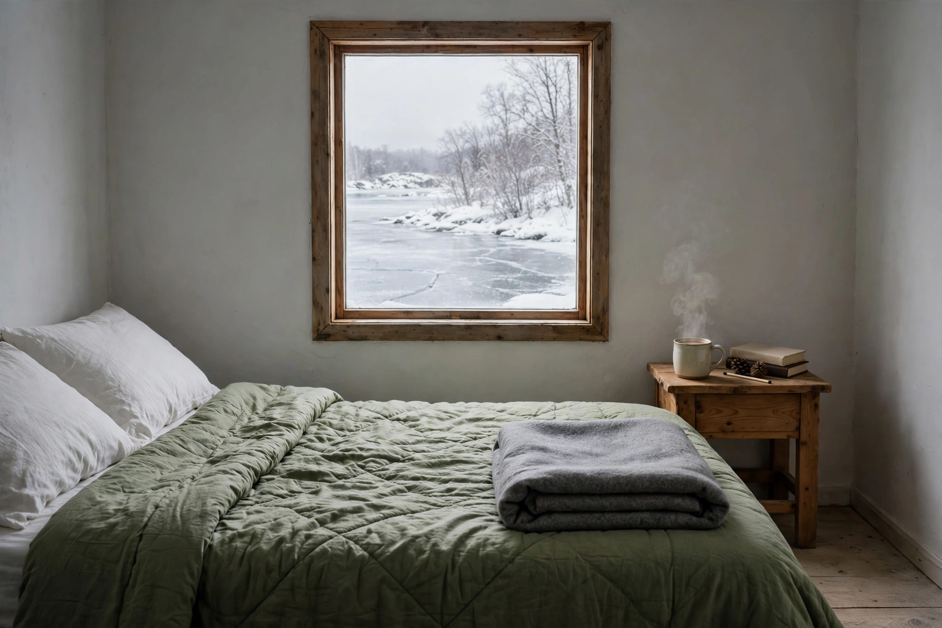 A lakeshore bedroom with a green quilt, a folded blanket, and a single window over a frozen lake