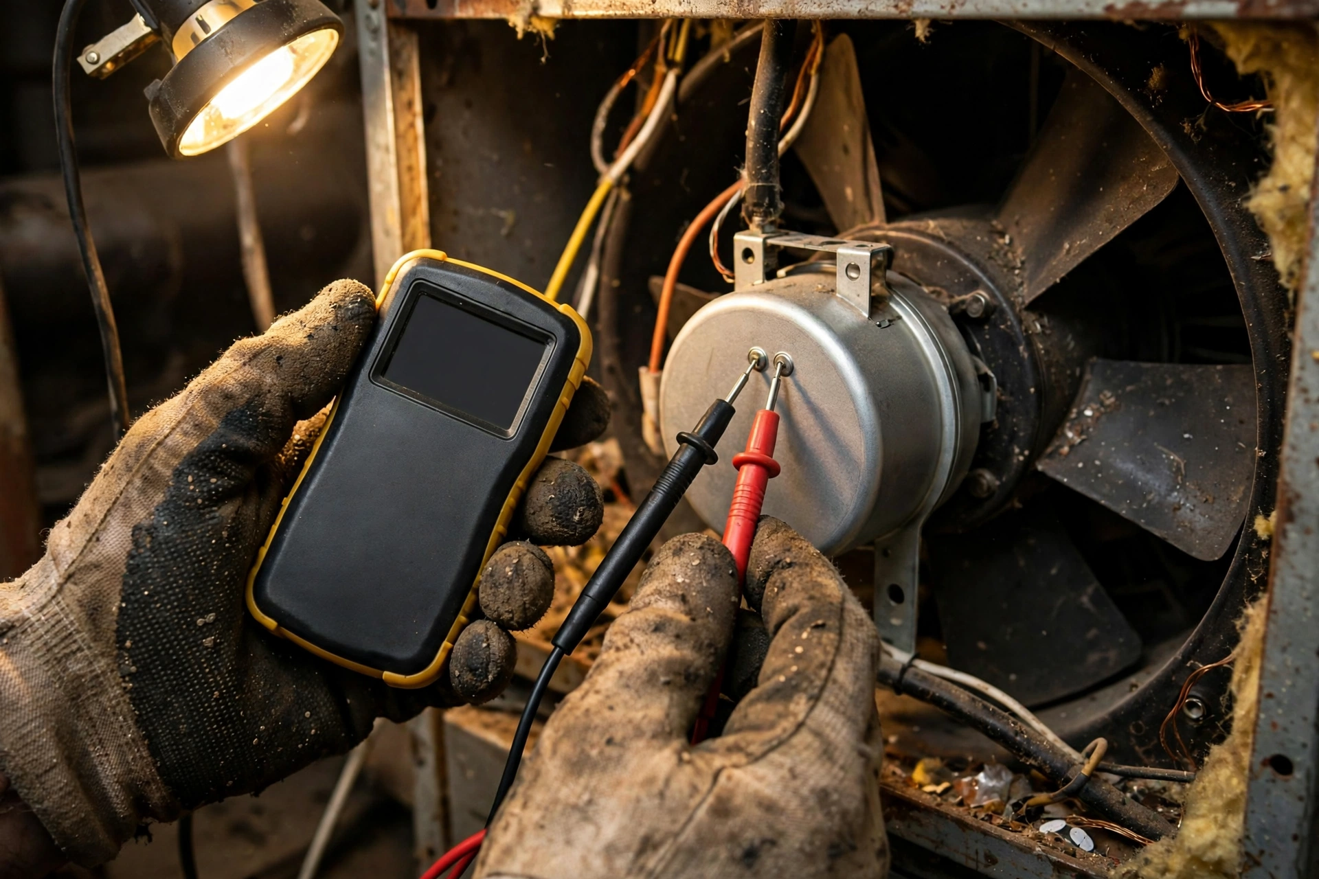 Gloved hands testing a blower motor capacitor with a multimeter beside a furnace blower wheel