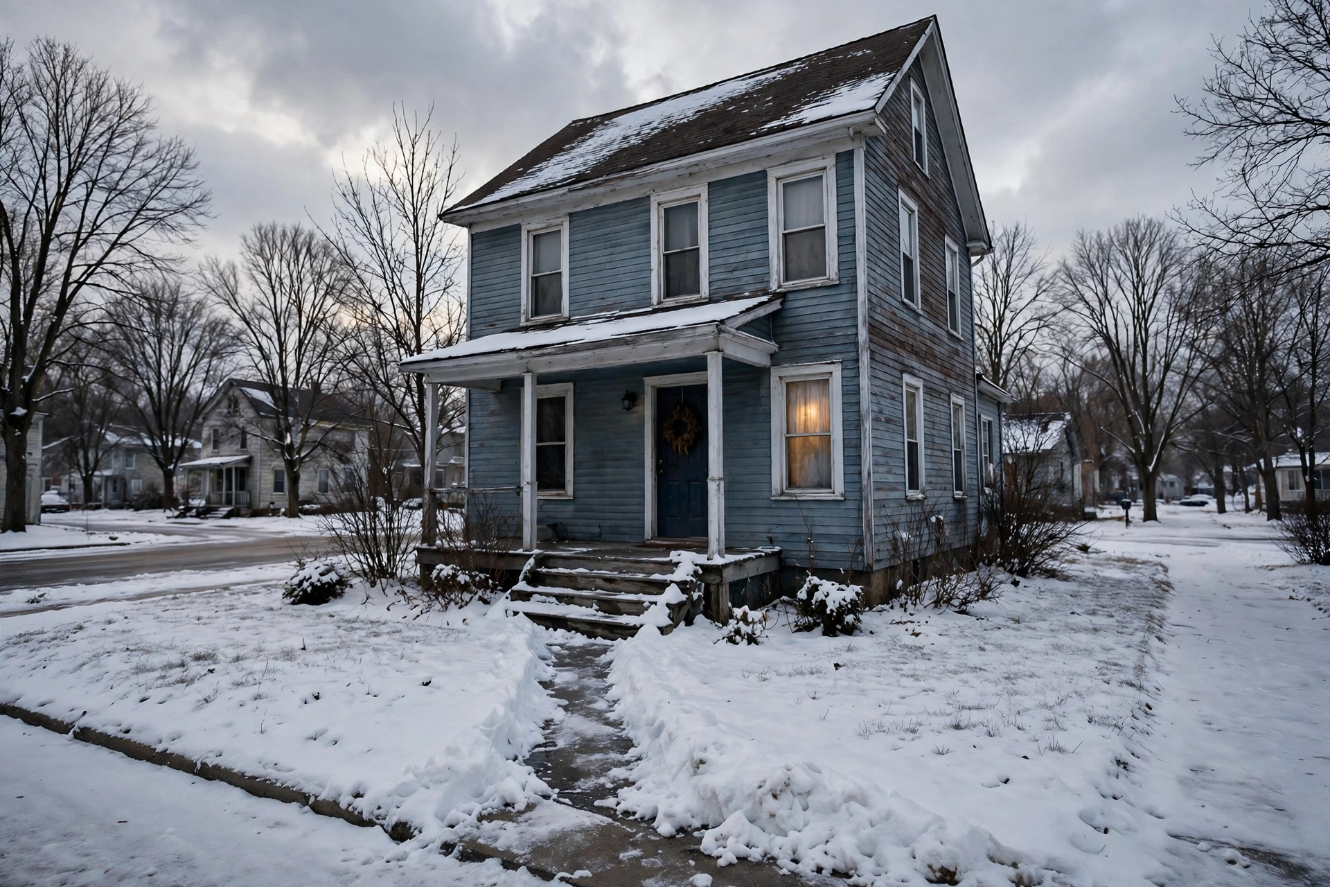 An older blue two-story home on a Kaukauna street with a shoveled path and snow on the porch