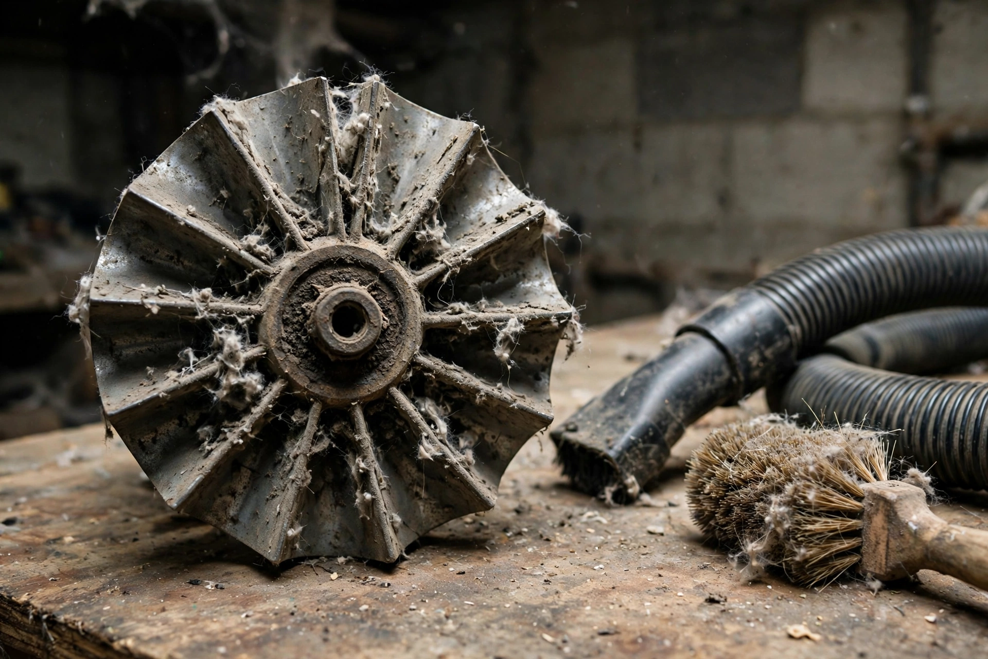 A dusty blower wheel removed from its housing beside a vacuum hose and brush on a workbench