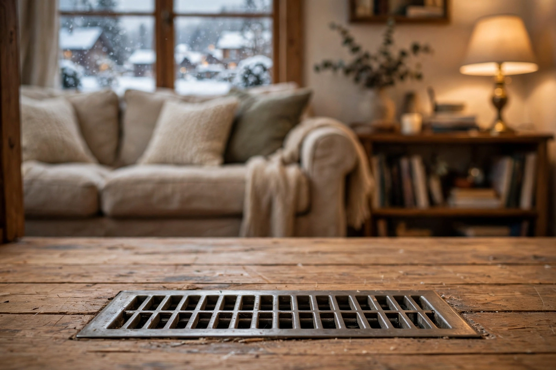 A plain metal floor register in a wood floor with a village living room softly out of focus behind it