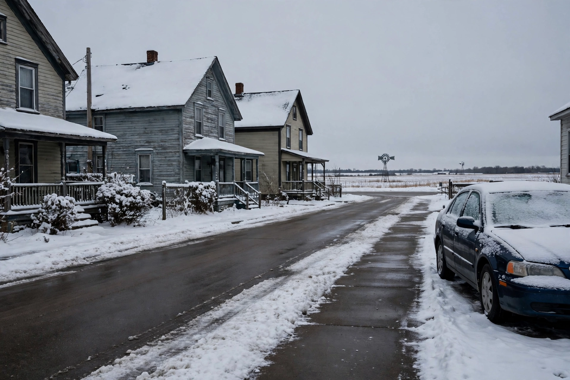 A quiet village street in Little Chute with older homes, a snow-covered car, and a windmill in the distance