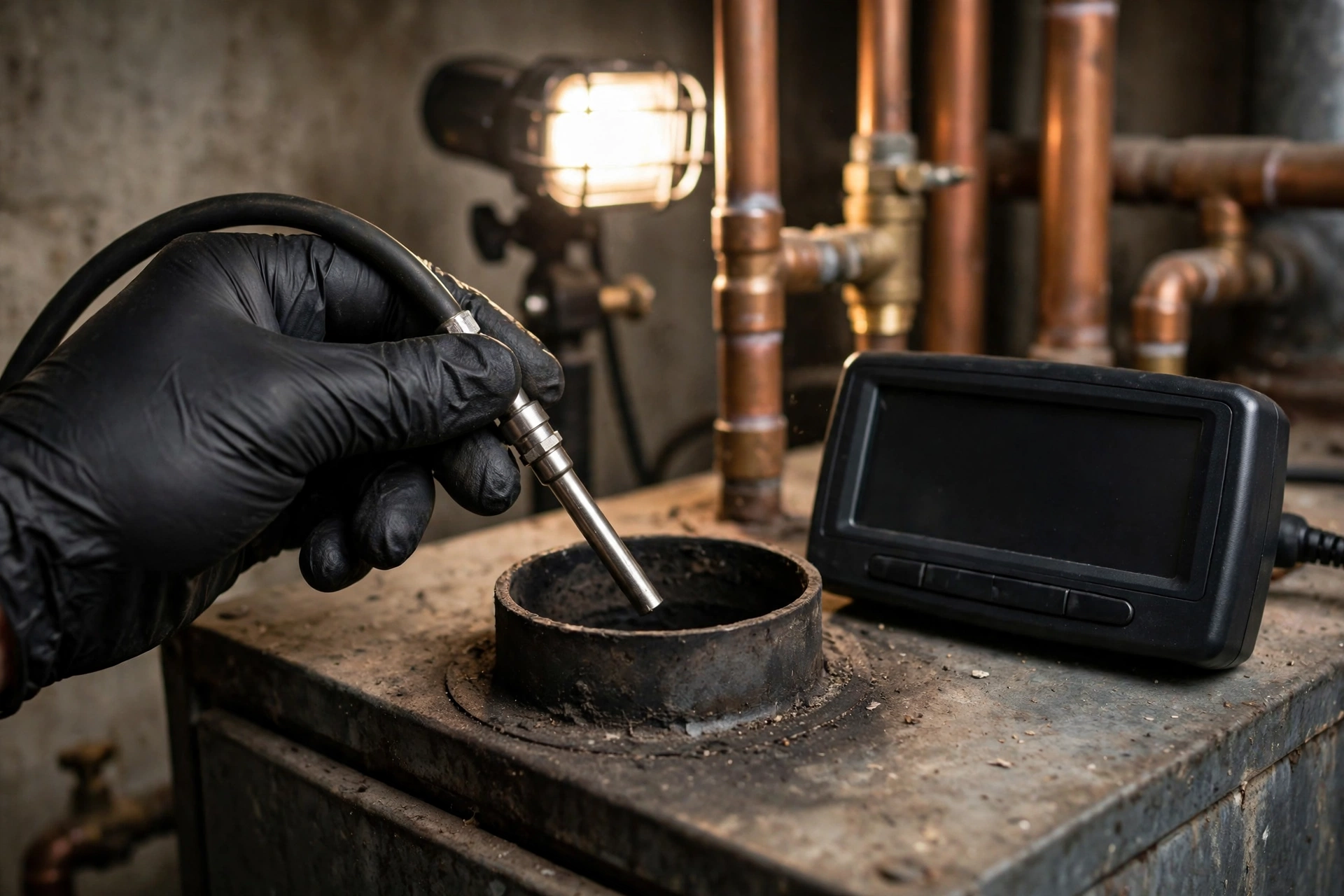 A gloved hand holding a combustion analyzer probe at a furnace flue opening beside the analyzer unit