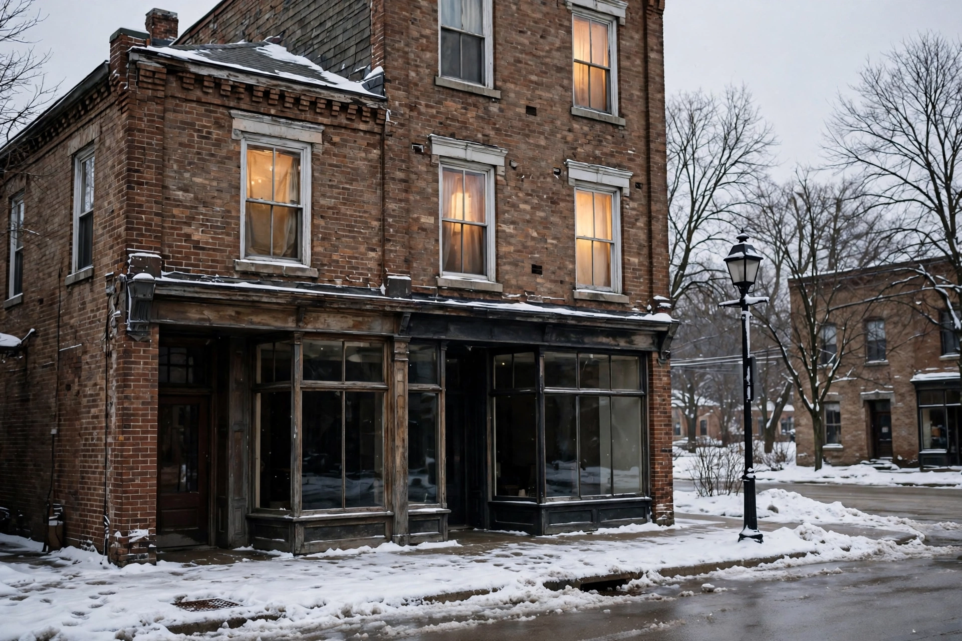 An older brick downtown building in Neenah with a shopfront below and warm lights above in winter