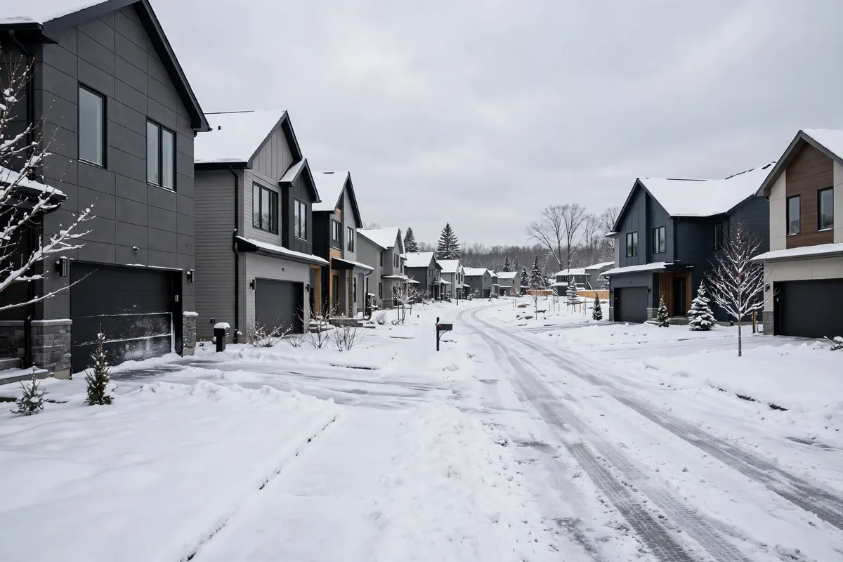A new subdivision street in Wisconsin in winter with modern homes
