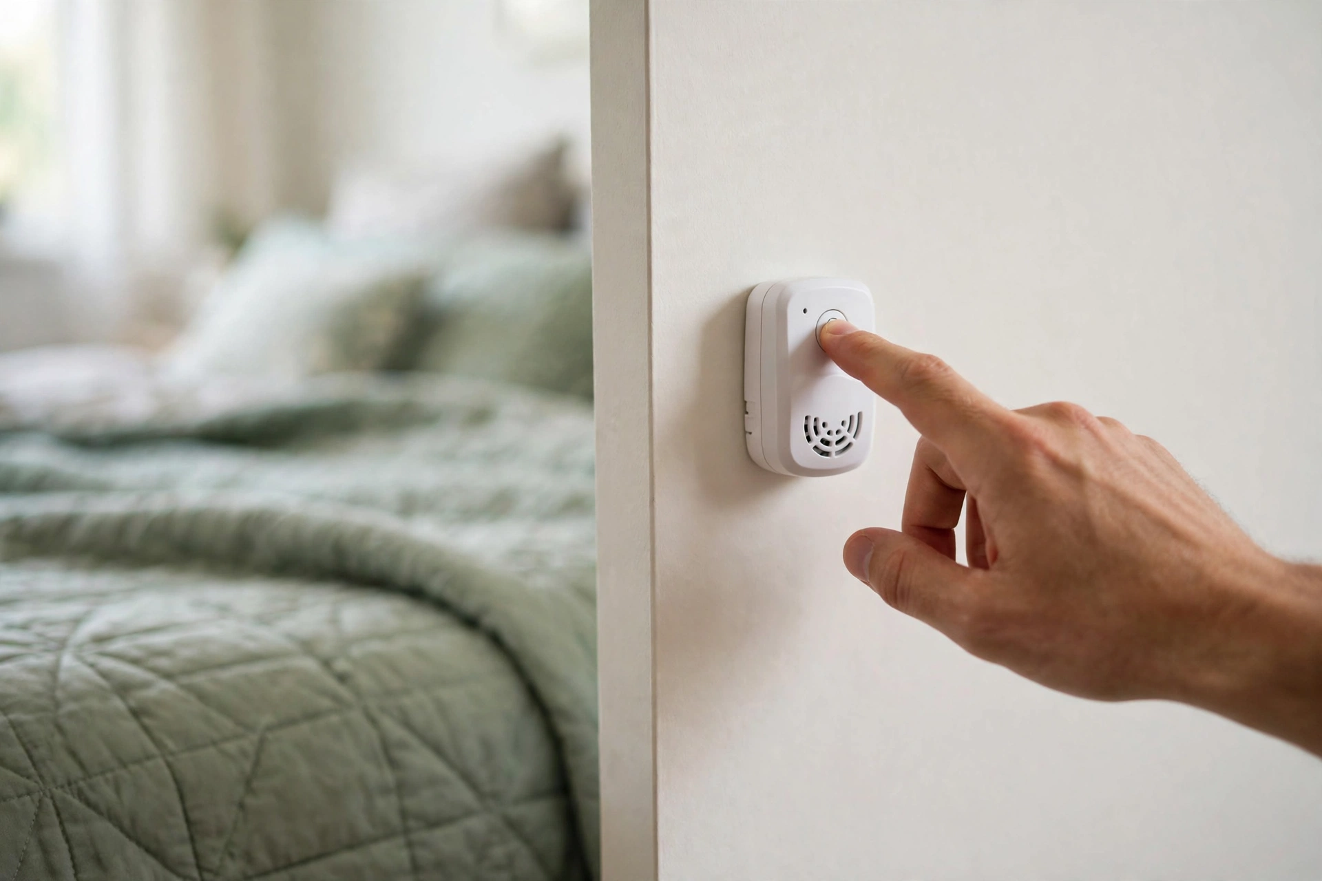 A hand pressing the test button on a small white carbon monoxide detector on a bedroom wall