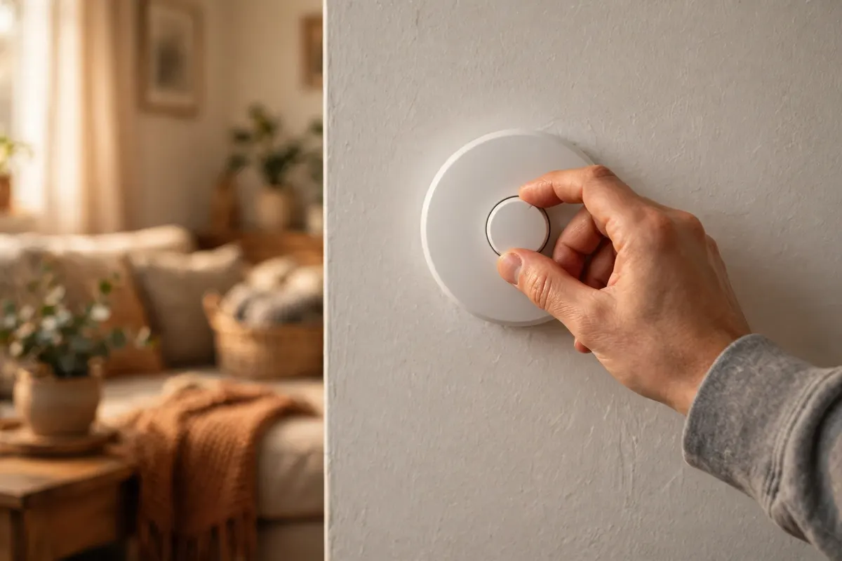 A hand adjusting a wall thermostat in a warm living room