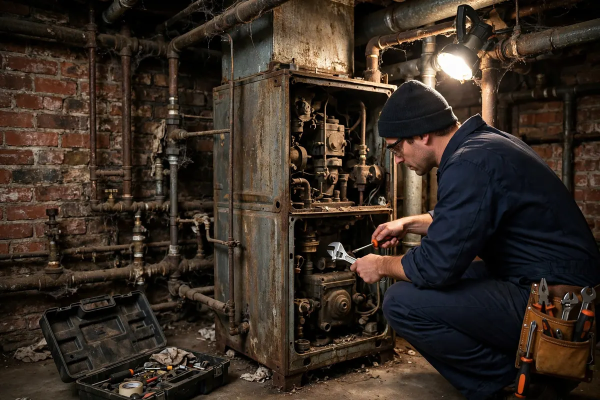 A technician servicing an older furnace in a city home basement with brick walls