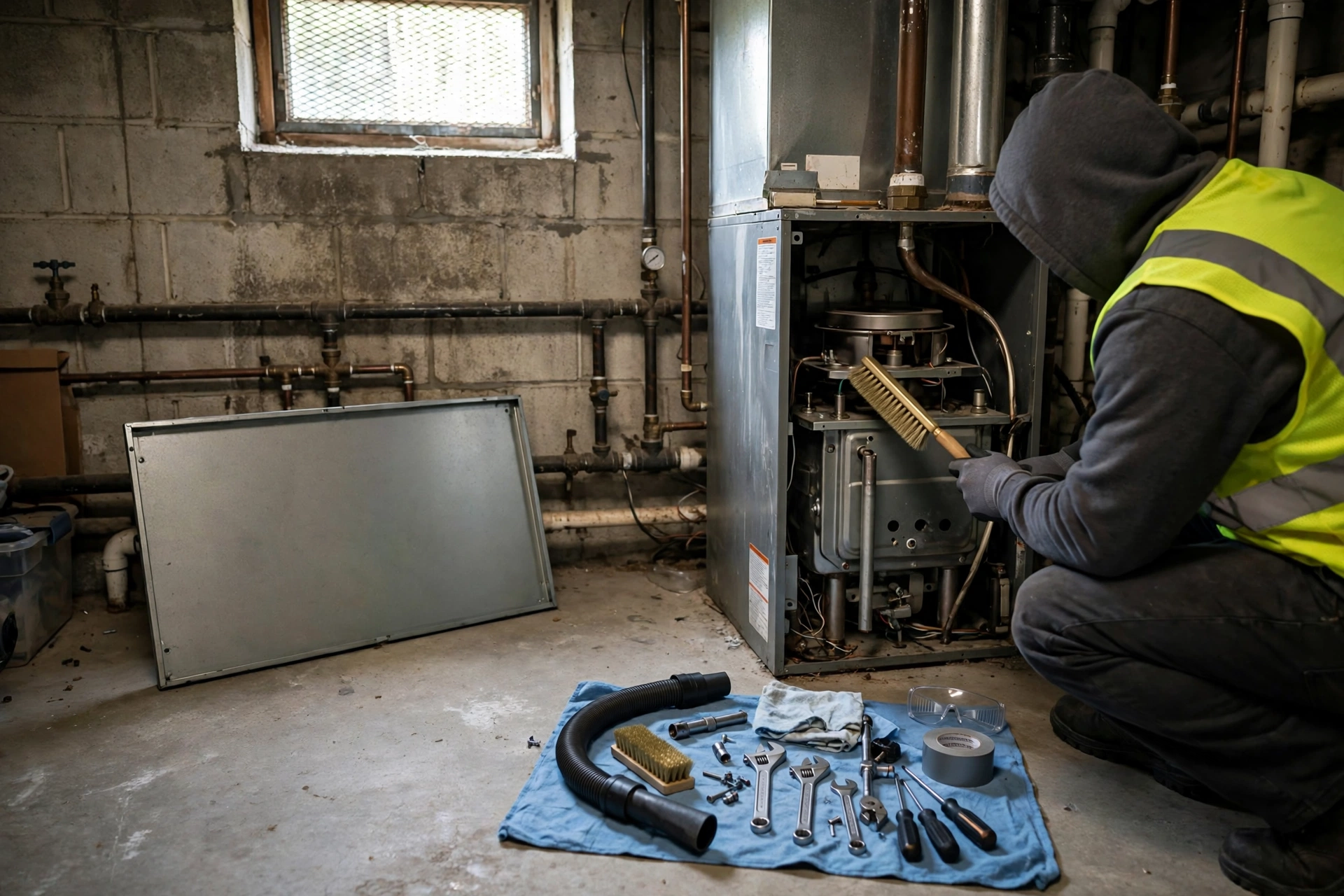 Technician cleaning a furnace burner during a tune-up