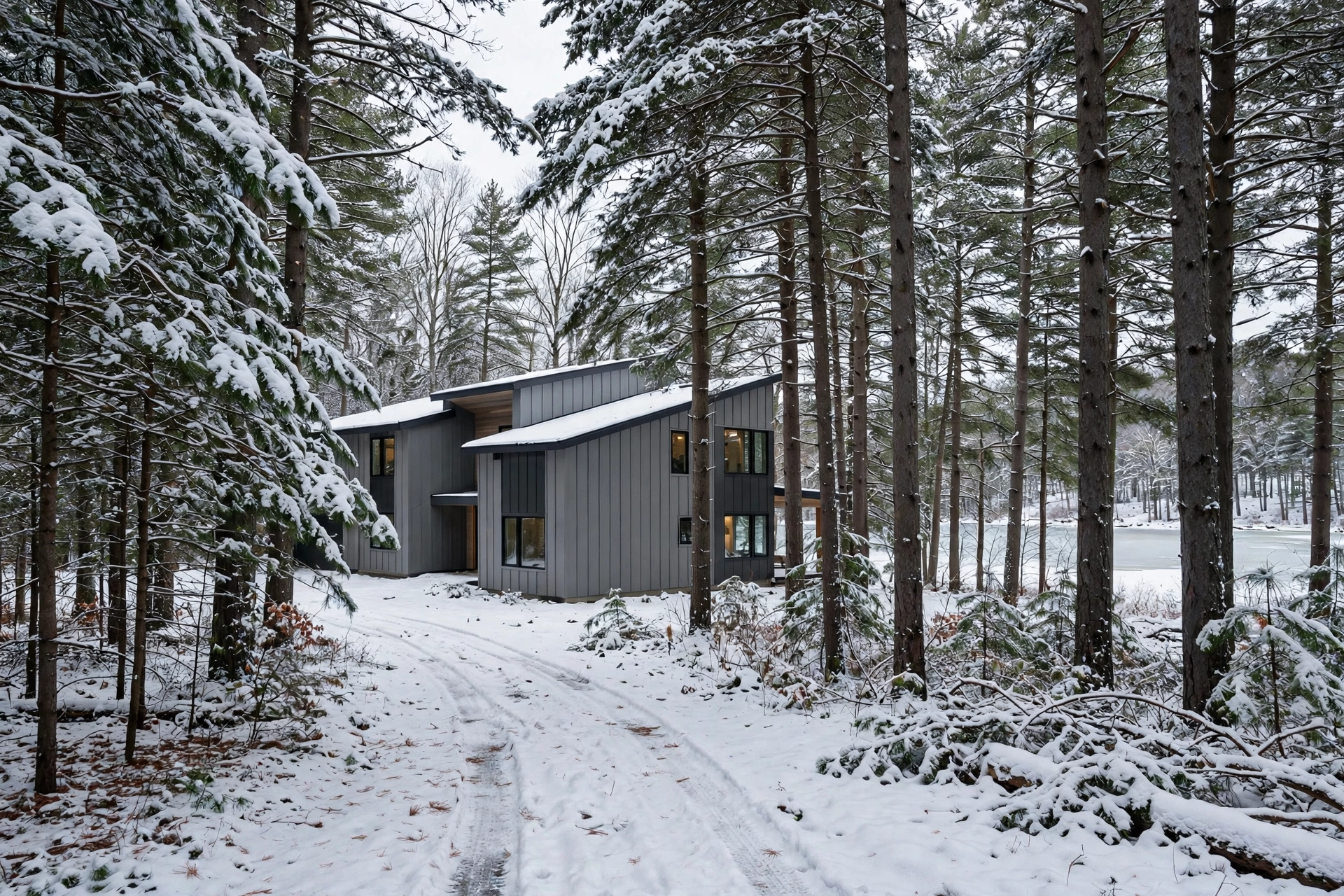 Lakeshore town home in snow on a wooded lot