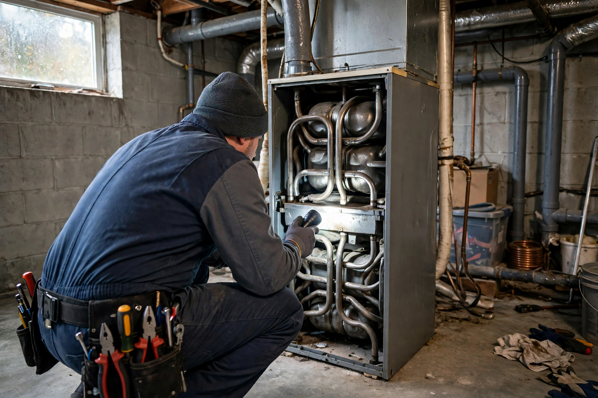 Technician inspecting a furnace heat exchanger with a flashlight