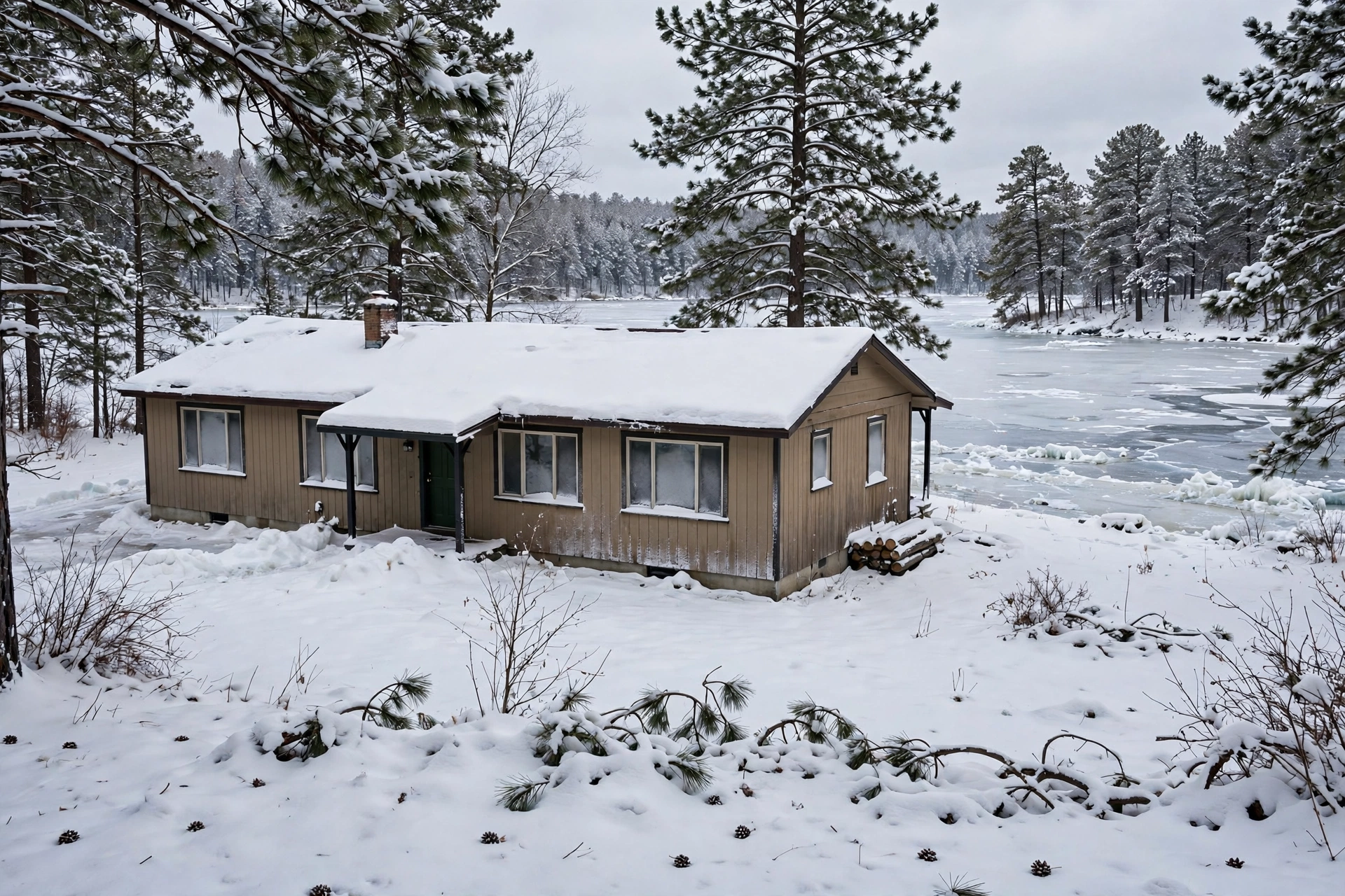 Lake town home in snow near a frozen lake shore