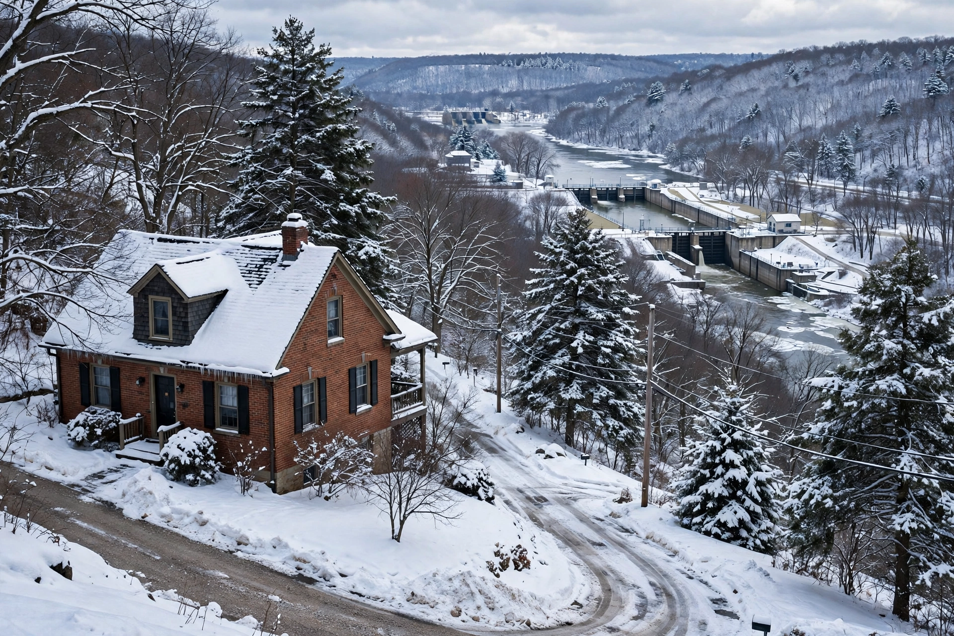 Home near river locks in snow