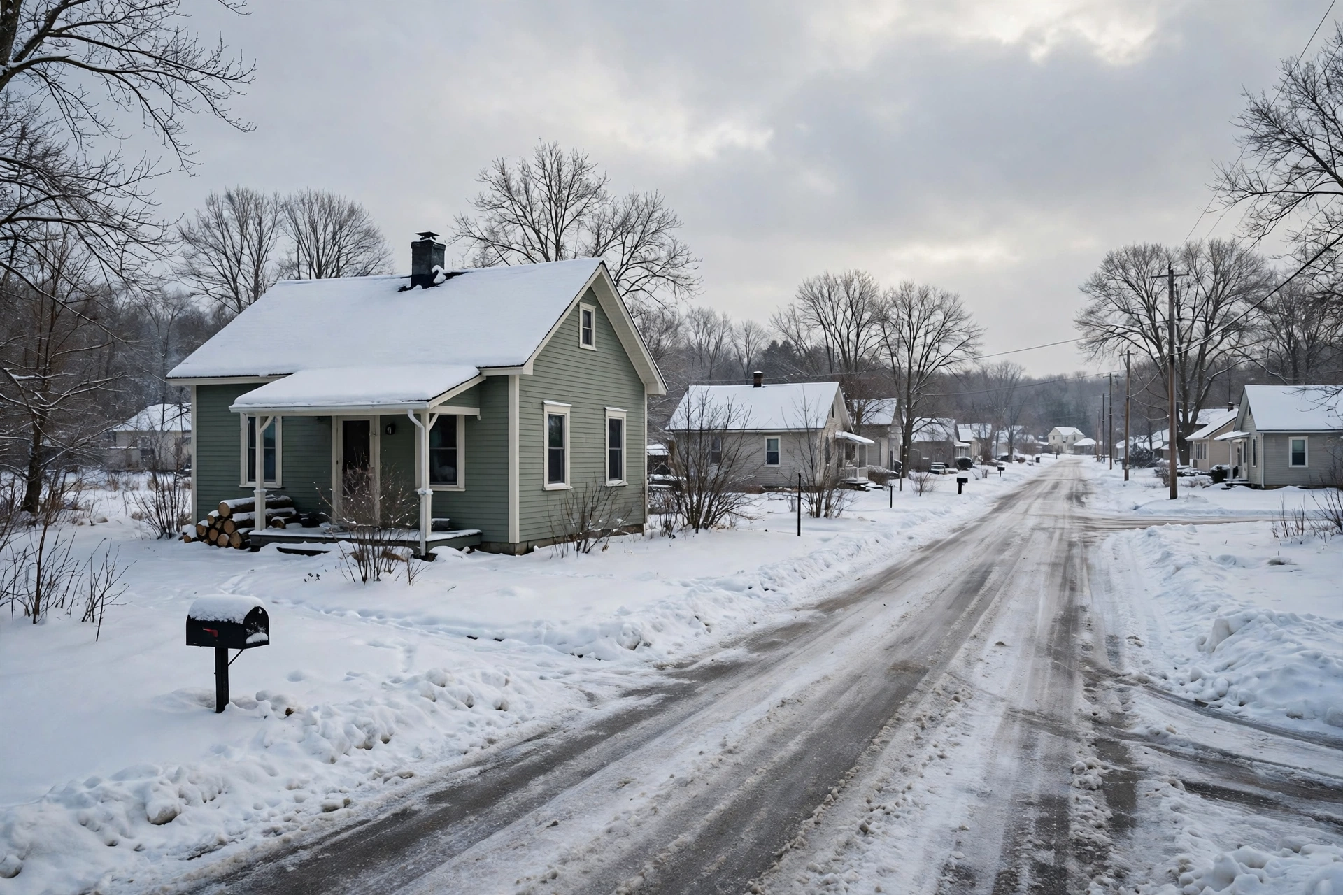 Compact village home in snow on a quiet street