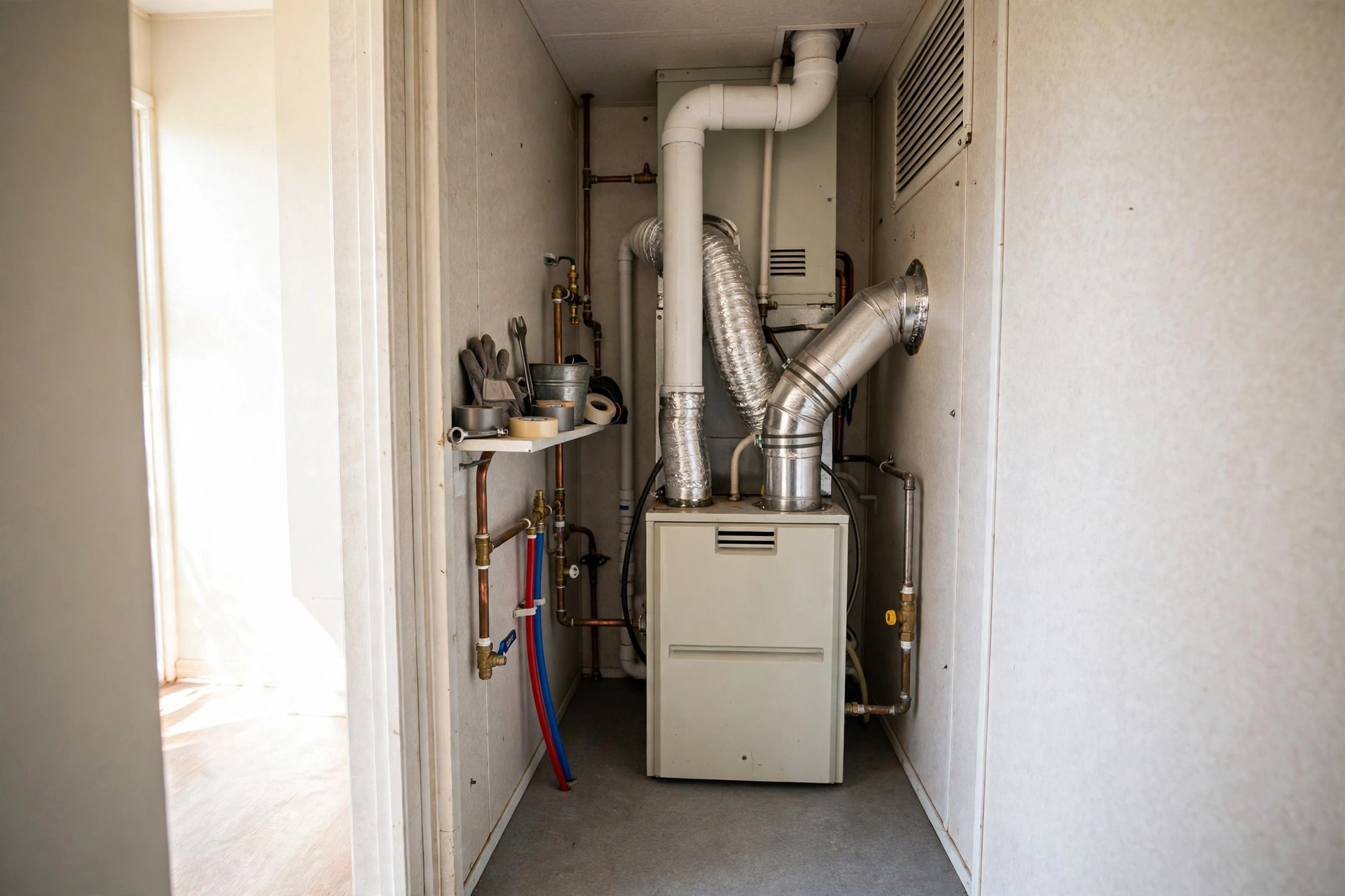 Compact furnace in a manufactured home utility closet