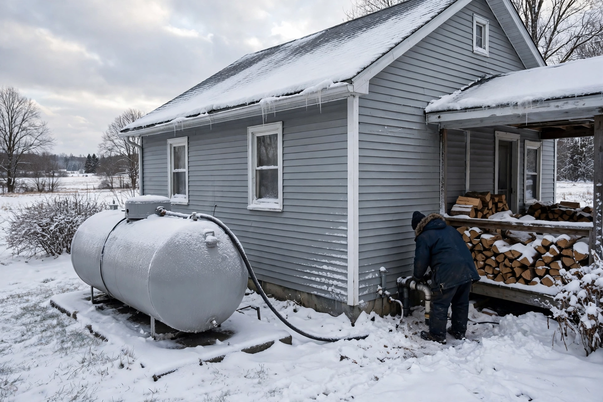Propane tank beside a rural home in snow