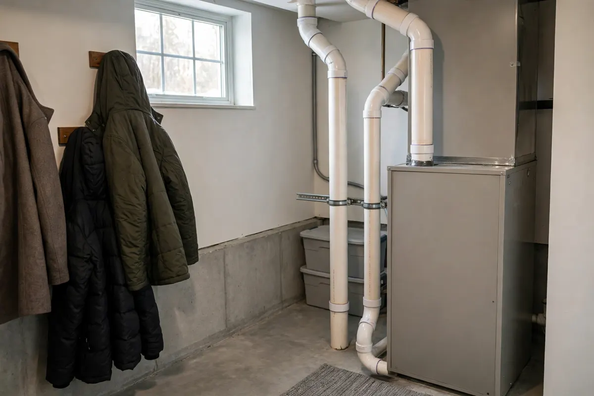 White vent pipes connected to a gas furnace in a basement utility room