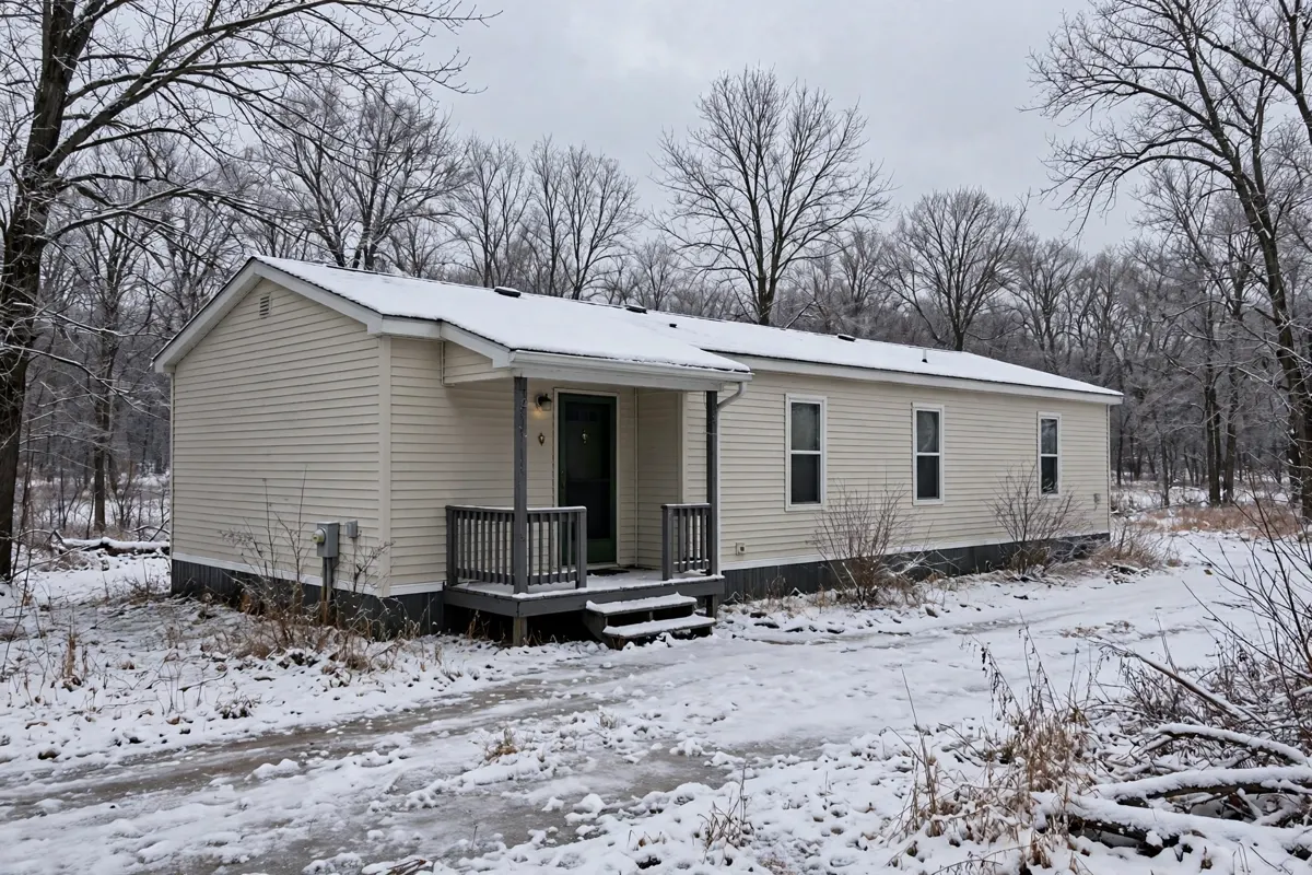 Manufactured home with snow on the roof in winter