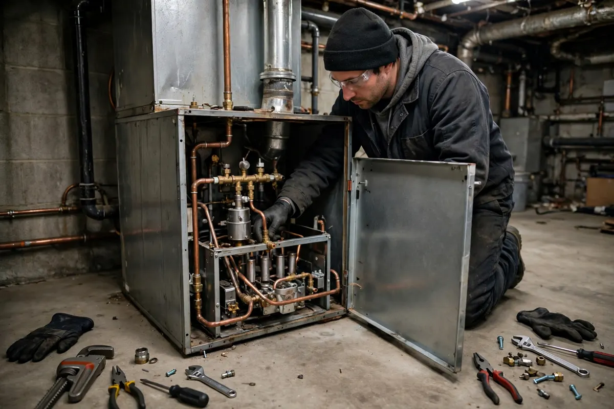 Technician servicing a propane furnace in a basement