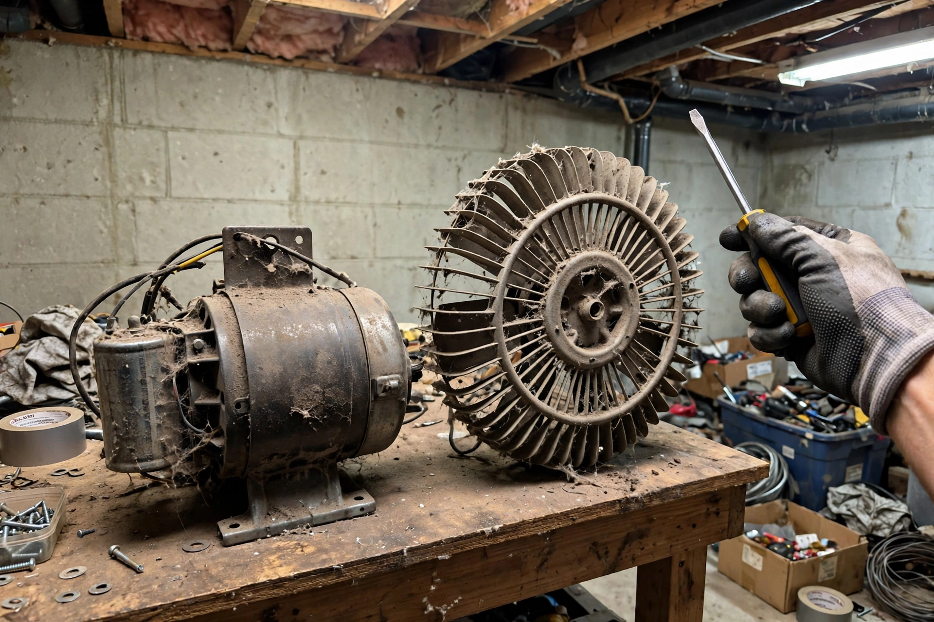 Dusty blower motor and squirrel-cage fan wheel on a basement workbench