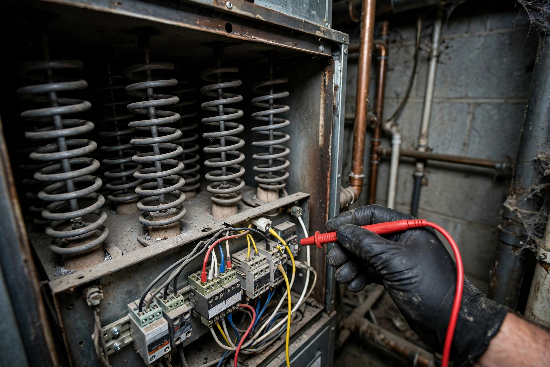 Heating element coils inside an open electric furnace with a test probe nearby