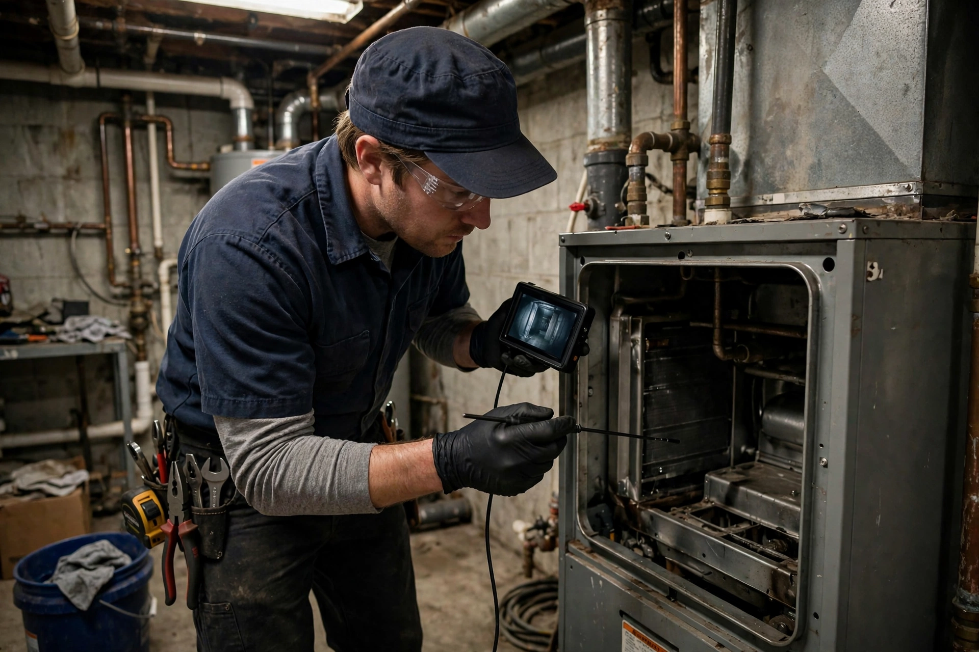 Technician feeding an inspection camera into an open furnace compartment