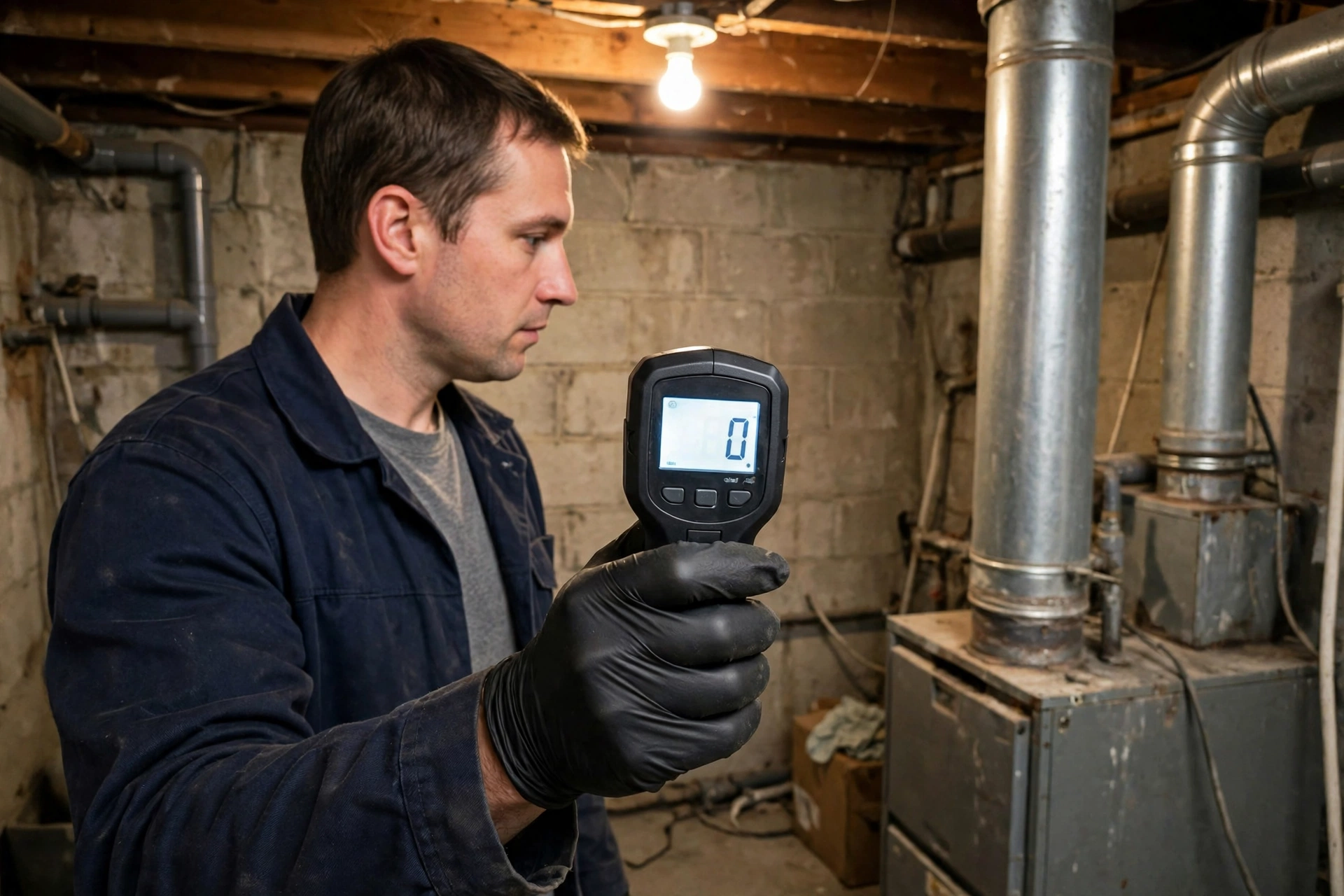 Technician holding a carbon monoxide detector near a furnace flue pipe