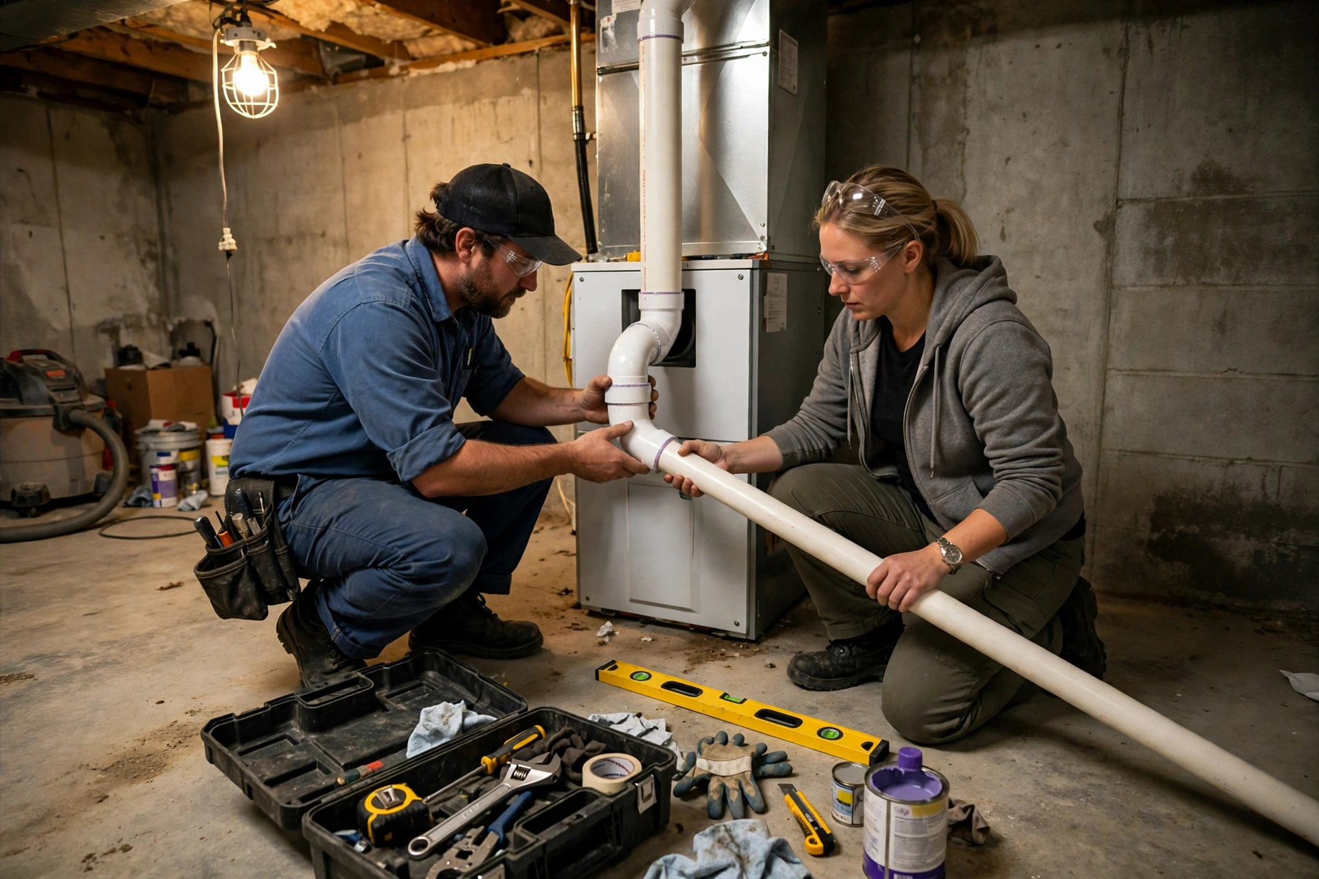 Two technicians fitting white vent piping to a new furnace in a basement
