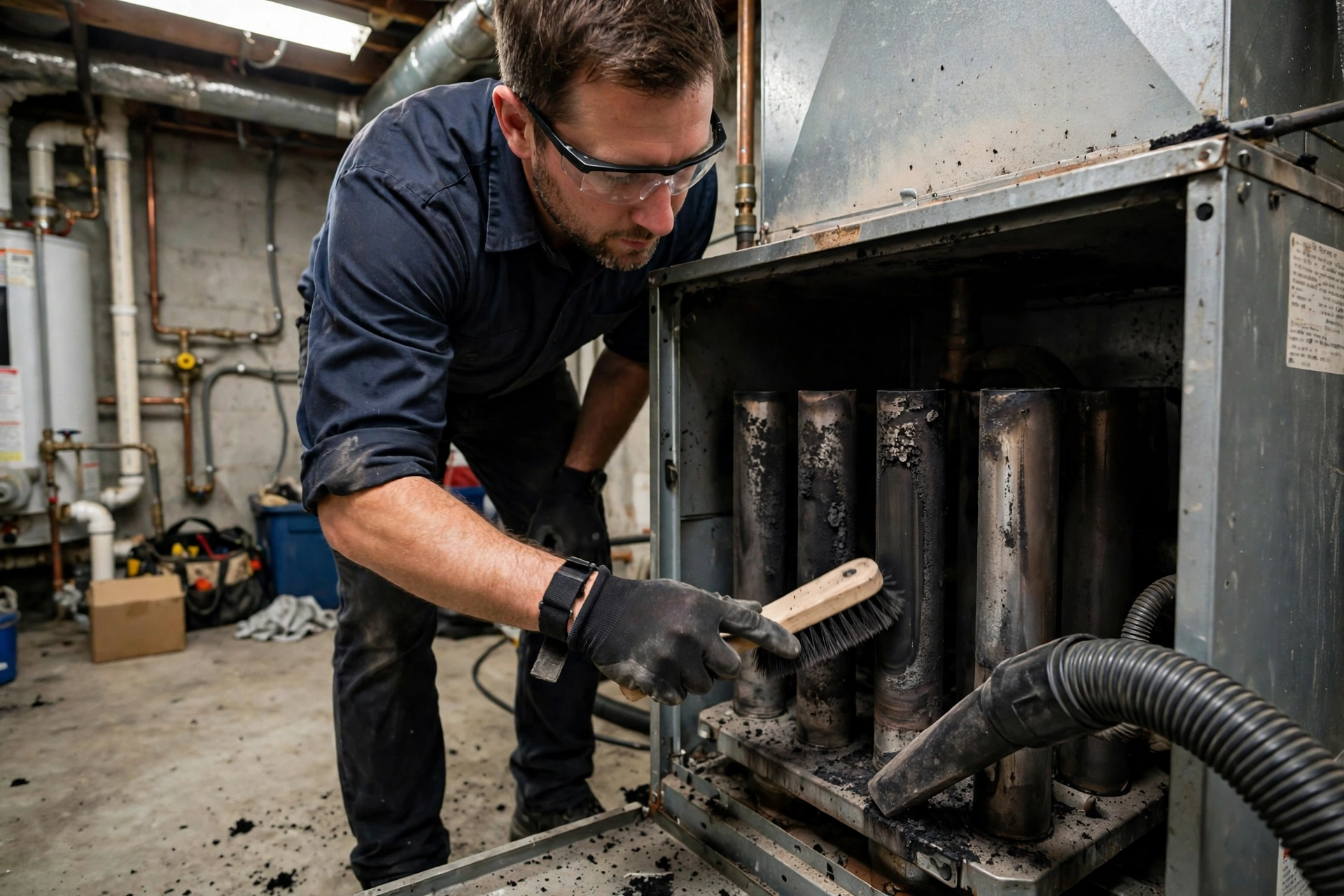 Technician brushing soot from furnace burner tubes inside an open furnace