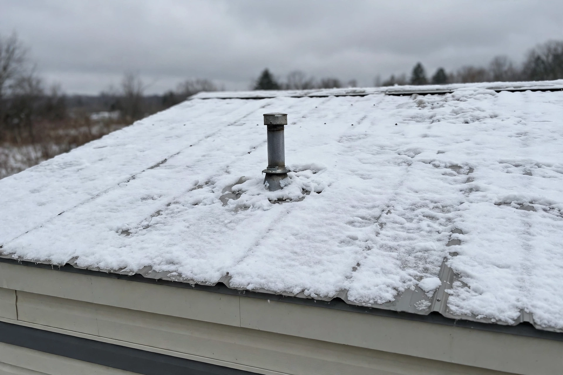 Metal furnace vent pipe on a snowy manufactured-home roof